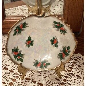 Holly Christmas Dish With Gold Trim Mother of Pearl Ucagco Japan 7in